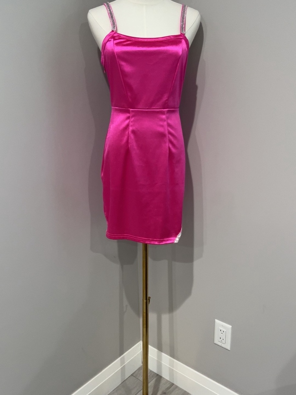 Satin Spaghetti-Strap Mini Dress in Fuchsia